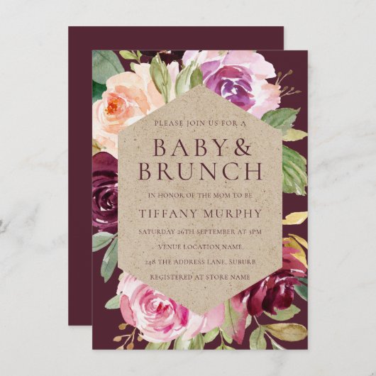 Waterverf Floral Burgundy Red Brunch Baby shower Kaart (Voorkant / Achterkant)