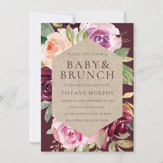 Waterverf Floral Burgundy Red Brunch Baby shower Kaart (Voorkant)