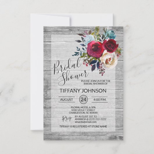 Waterverf Floral Burgundy Rustic Vrijgezellenfeest Kaart (Voorkant)