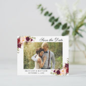 Waterverf Floral Burgundy Save the Date Aankondigingskaart (Staand voorkant)