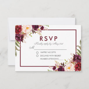 Waterverf Floral Burgundy Silver Wedding RSVP Kaartje