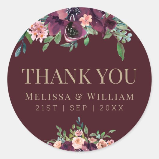 Waterverf Floral Burgundy Weddenschap Hartelijk da Ronde Sticker (Voorkant)