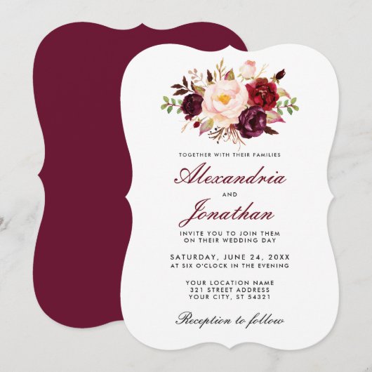 Waterverf Floral Burgundy Wedding BR Kaart (Voorkant / Achterkant)