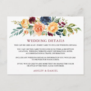 Waterverf Floral Burgundy Wedding Details Kaart