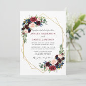 Waterverf Floral Burgundy Wedding Geometric Gold Kaart (Staand voorkant)