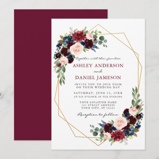 Waterverf Floral Burgundy Wedding Geometric Gold Kaart (Voorkant / Achterkant)