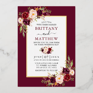 Waterverf Floral Burgundy Wedding Gold Foil Folie Uitnodiging