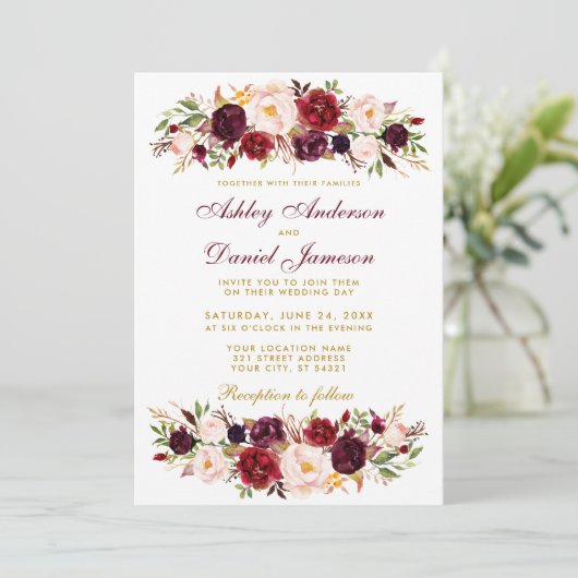 Waterverf Floral Burgundy Wedding Invitation BG Kaart (Staand voorkant)