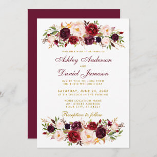 Waterverf Floral Burgundy Wedding Invitation BG Kaart