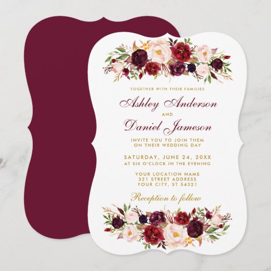 Waterverf Floral Burgundy Wedding Invitation BGB Kaart (Voorkant / Achterkant)