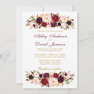 Waterverf Floral Burgundy Wedding Invitation BGW Kaart