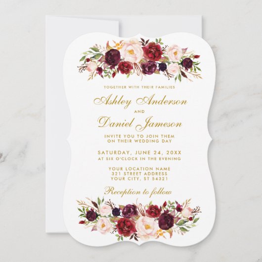 Waterverf Floral Burgundy Wedding Invitation BWG Kaart (Voorkant)