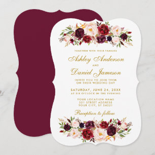 Waterverf Floral Burgundy Wedding Invitation GB Kaart
