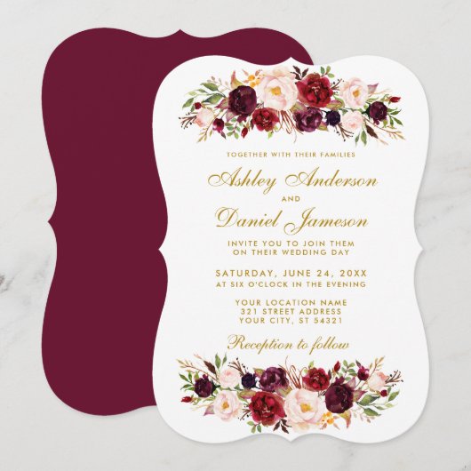 Waterverf Floral Burgundy Wedding Invitation GB Kaart (Voorkant / Achterkant)