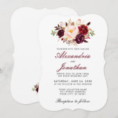 Waterverf Floral Burgundy Wedding Invite BR Kaart (Voorkant / Achterkant)