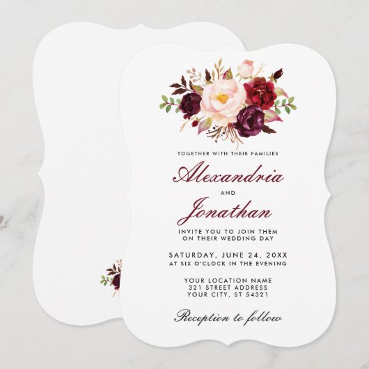 Waterverf Floral Burgundy Wedding Invite BR Kaart (Voorkant / Achterkant)