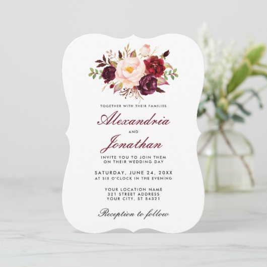 Waterverf Floral Burgundy Wedding Invite BR Kaart (Staand voorkant)