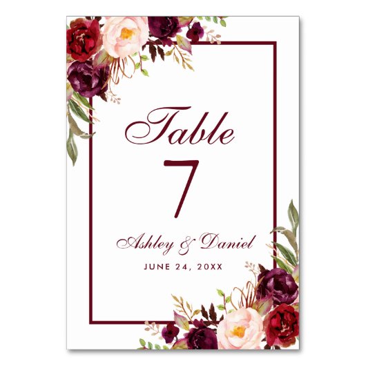 Waterverf Floral Burgundy Wedding Kaart (Voorkant)