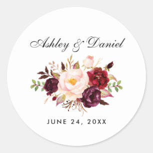 Waterverf Floral Burgundy Wedding Ronde Sticker