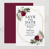 Waterverf Floral Burgundy White Geo Lijst Save The Date (Voorkant / Achterkant)