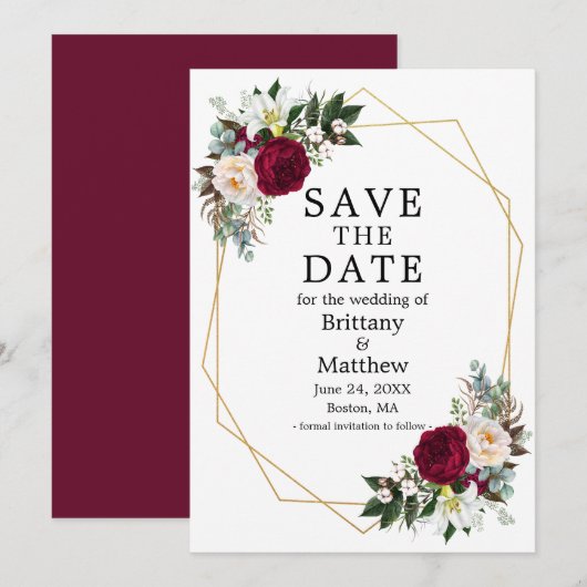 Waterverf Floral Burgundy White Geo Lijst Save The Date (Voorkant / Achterkant)