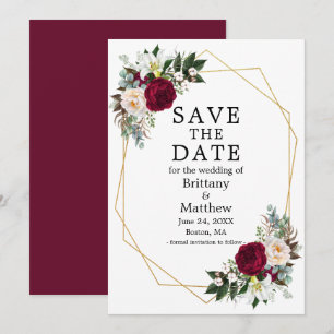 Waterverf Floral Burgundy White Geo Lijst Save The Date