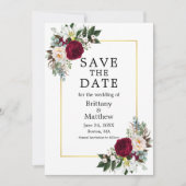 Waterverf Floral Burgundy White Gold Lijst Save The Date (Voorkant)