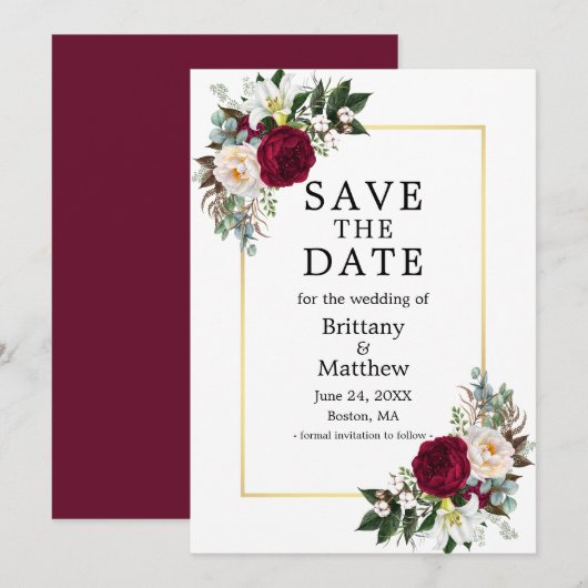 Waterverf Floral Burgundy White Gold Lijst Save The Date (Voorkant / Achterkant)