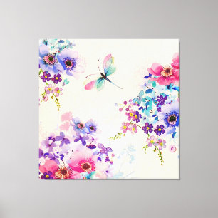 Waterverf Floral Butterfly Garden Glitter Canvas Afdruk