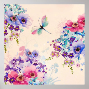 Waterverf Floral Butterfly Garden Glitter Poster