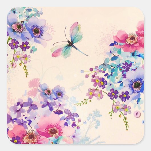 Waterverf Floral Butterfly Garden Glitter Vierkante Sticker (Voorkant)
