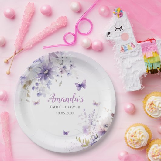 Waterverf Floral Butterfly Girl Baby shower Papieren Bordje (Feest)