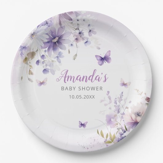 Waterverf Floral Butterfly Girl Baby shower Papieren Bordje (Voorkant)