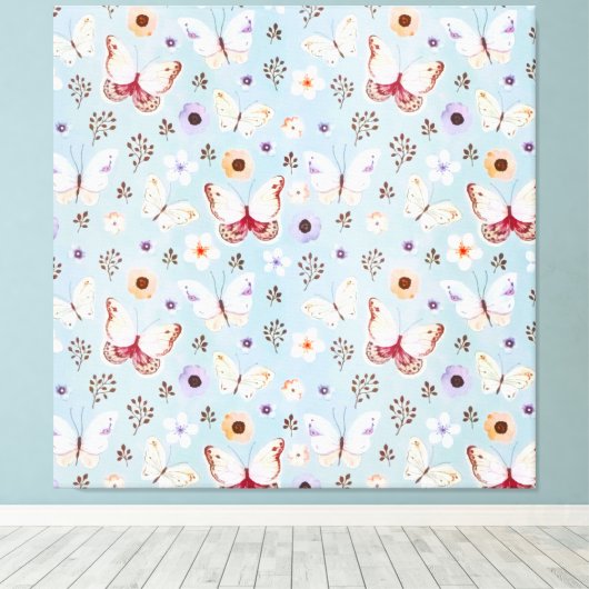 Waterverf Floral Butterfly Meadow Canvas Afdruk (Insitu (Houten vloer))