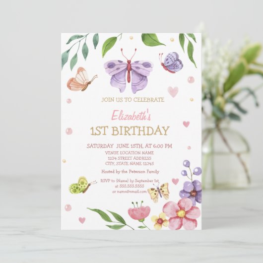 Waterverf Floral Buttetrfly Striped Birthday Kaart (Staand voorkant)
