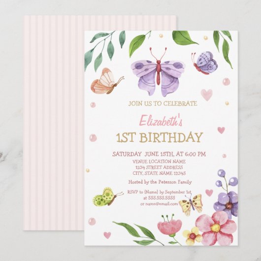 Waterverf Floral Buttetrfly Striped Birthday Kaart (Voorkant / Achterkant)