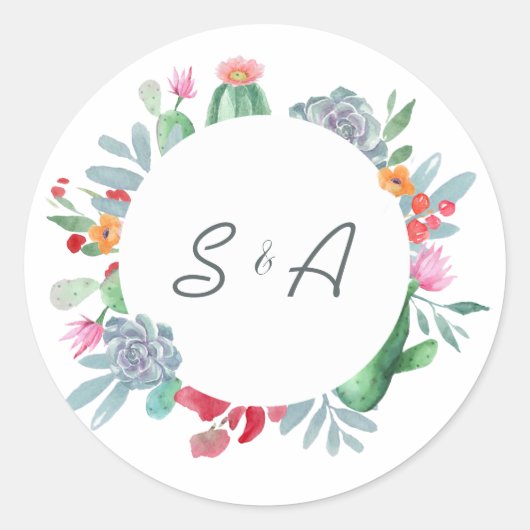 Waterverf Floral Cactus Wedding Monogram Ronde Sticker (Voorkant)