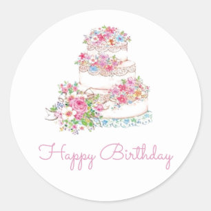 Waterverf Floral Cake Happy Birthday Ronde Sticker