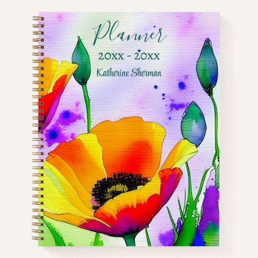 Waterverf Floral California Poppies gepersonalisee Notitieboek (Voorkant)