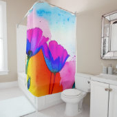 Waterverf Floral California Poppy Pink Blue Douchegordijn (In situ)