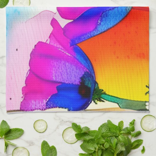 Waterverf Floral California Poppy Pink Blue Theedoek (Gevouwen)