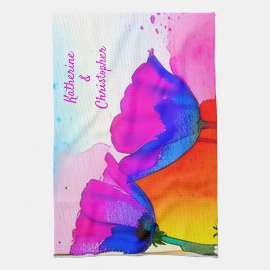 Waterverf Floral California Poppy Pink Blue Theedoek (Verticaal)