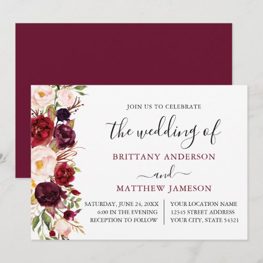 Waterverf Floral Calligraphy Burgundy Wedding Kaart (Voorkant / Achterkant)