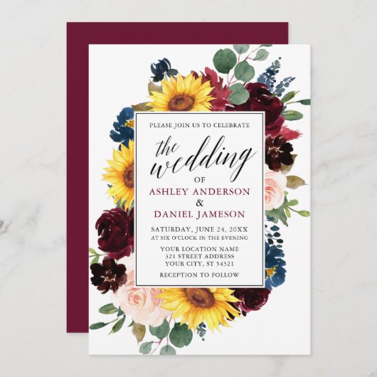 Waterverf Floral Calligraphy Burgundy Wedding Kaart (Voorkant / Achterkant)