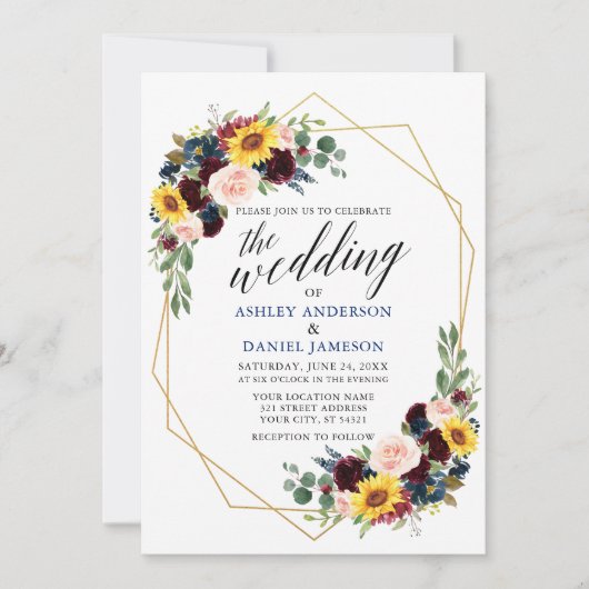 Waterverf Floral Calligraphy Geometric Wedding Kaart (Voorkant)