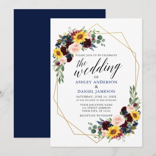 Waterverf Floral Calligraphy Geometric Wedding Kaart (Voorkant / Achterkant)