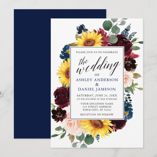 Waterverf Floral Calligraphy Wedding Blue Kaart (Voorkant / Achterkant)
