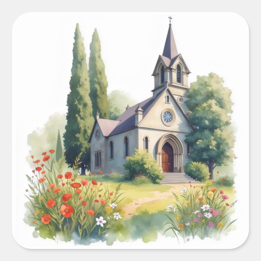 Waterverf Floral Catholic Church Vierkante Sticker (Voorkant)