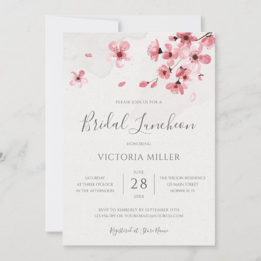 Waterverf Floral Cherry Blossom Bridal Luncheon Kaart (Voorkant)