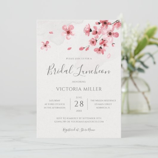 Waterverf Floral Cherry Blossom Bridal Luncheon Kaart (Staand voorkant)